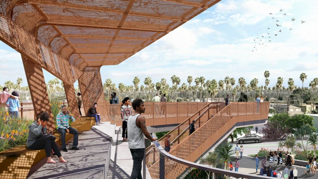Rendering of Destination Crenshaw. People stand and sit, platform space overlooks street, horizon of palm trees is visible in the background.